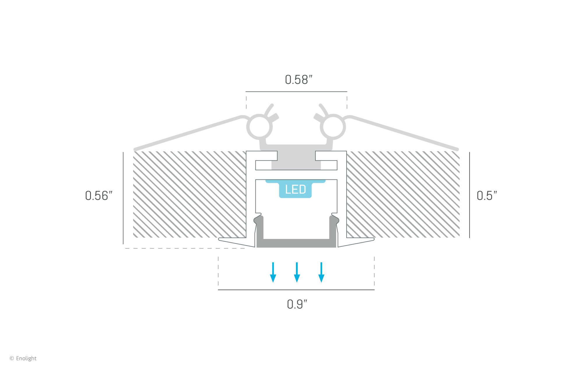 VIV2315F Trim Clip On Recessed Linear LED Light with Half Inch Frosted Lens Drawing
