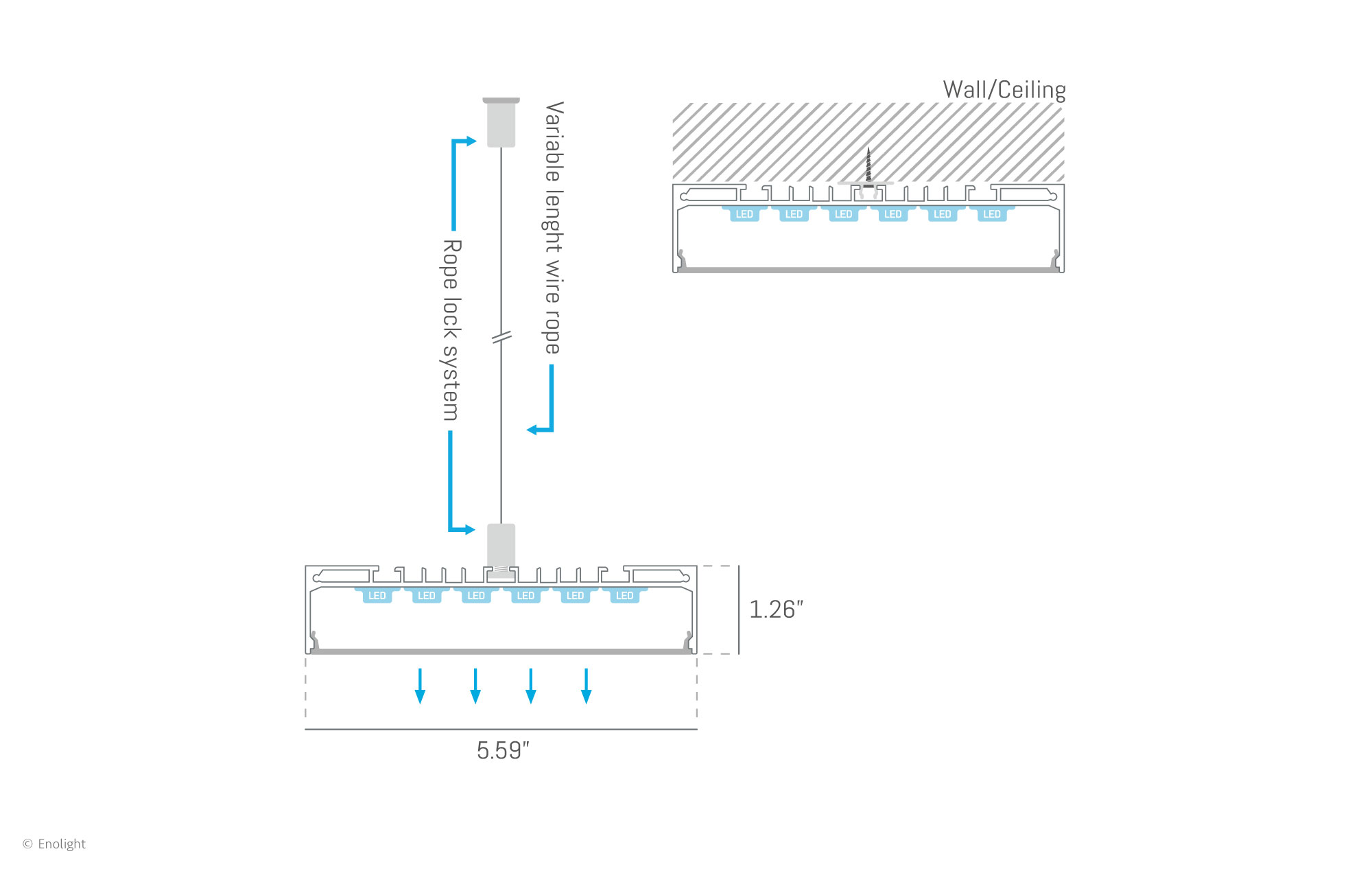 VIV14232F Super Bright Pendant Surface Linear Light with Flush Frosted Lens Drawing