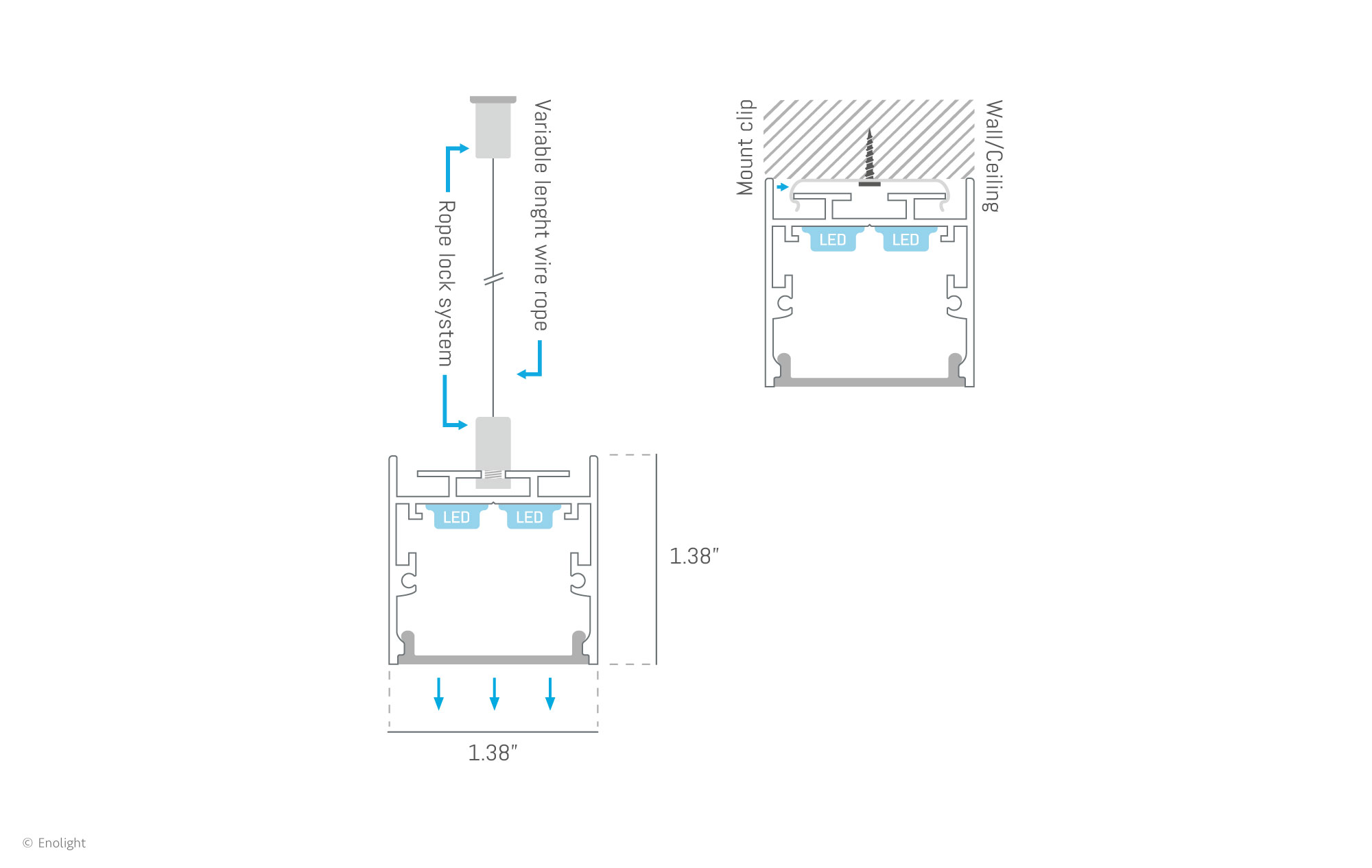VIV3535F Extendable Pendant Surface Linear Light with Flush Frosted Lens Drawing