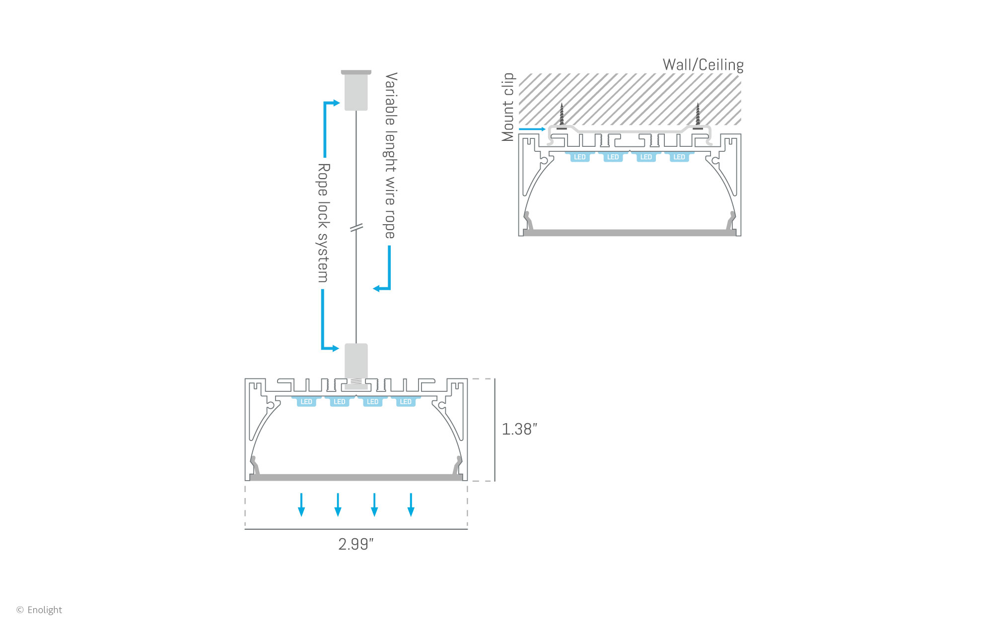 VIV7635F Super Bright Pendant Surface Linear Light with Flush Frosted Lens Drawing